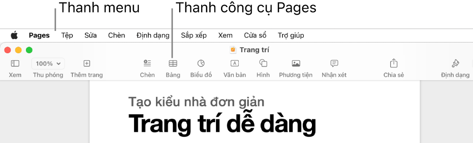 Thanh menu ở đầu màn hình với các menu Apple, Pages, Tệp, Sửa, Chèn, Định dạng, Sắp xếp, Xem, Cửa sổ và Trợ giúp. Bên dưới thanh menu là một tài liệu Pages đang mở với các nút thanh công cụ kéo dài theo cạnh trên cho Xem, Thu phóng, Thêm trang, Chèn, Bảng, Biểu đồ, Văn bản, Hình, Phương tiện, Nhận xét, Chia sẻ và Định dạng.