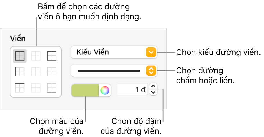 Các điều khiển để tạo kiểu đường viền ô.