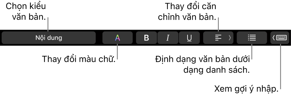 Touch Bar của MacBook Pro với các điều khiển để chọn kiểu văn bản, thay đổi màu văn bản, thay đổi căn chỉnh văn bản, định dạng văn bản dưới dạng danh sách và hiển thị các gợi ý nhập.