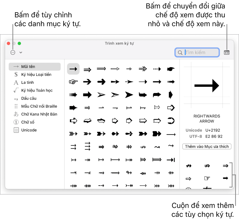 Trình xem ký tự mở rộng đang hiển thị các ký tự đặc biệt và ký hiệu, một menu cho các loại ký hiệu khác nhau ở bên trái và một nút ở góc trên cùng bên phải cho phép bạn quay về chế độ xem thu gọn.