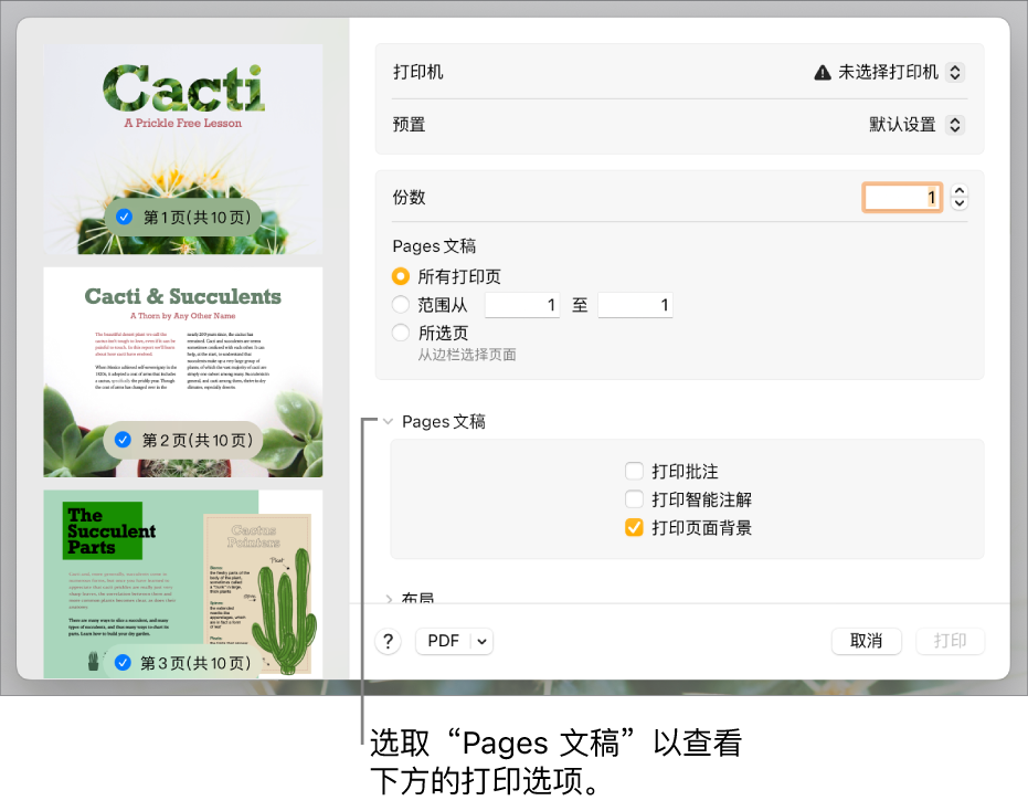 “打印”对话框，包含打印机、预置、份数和页码范围的控制。页码范围设置下方弹出式菜单中的“Pages 文稿”被选中，接着是打印批注、打印智能注解和打印页面背景的复选框。