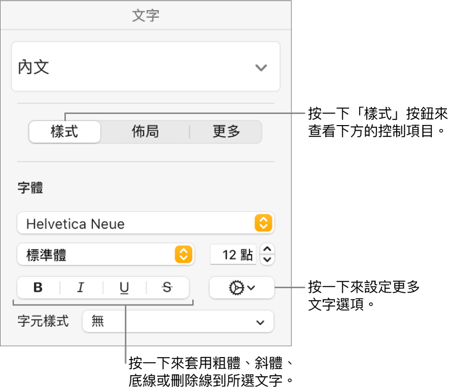 「格式」側邊欄中帶有説明文字（如「粗體」、「斜體」、「底線」和「刪除線」按鈕）的「樣式」控制項目。