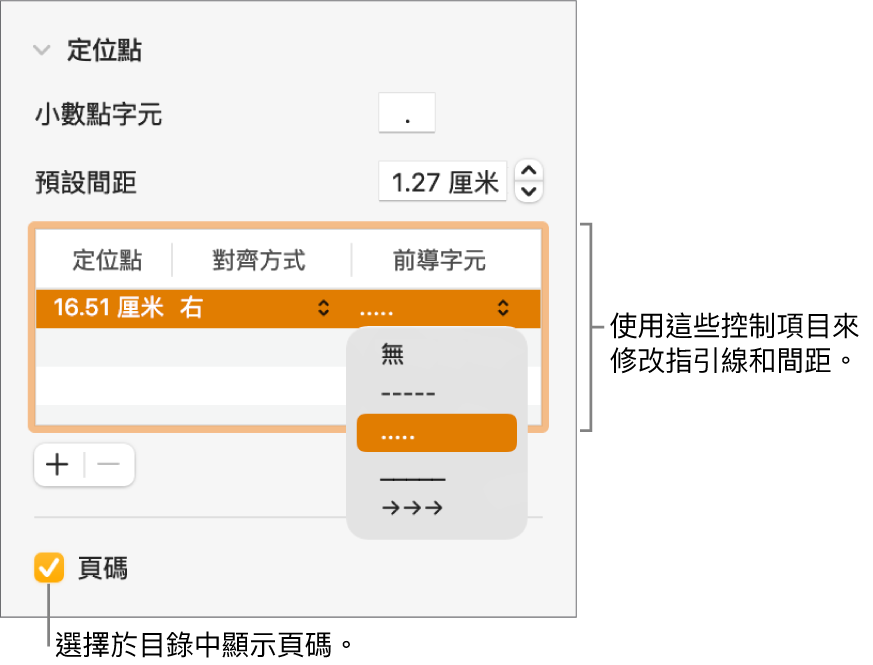 「格式」側邊欄的「分頁」區域。「預設間距」下方有一個表格，其中包括「定位點」、「對齊方式」和「指引線」欄。頁碼剔選框顯示為已剔選，並顯示在表格下方。