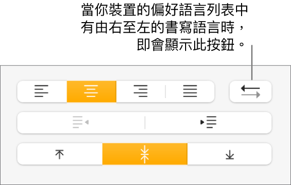 「格式」側邊欄「對齊方式」區域中的「段落方向」按鈕。