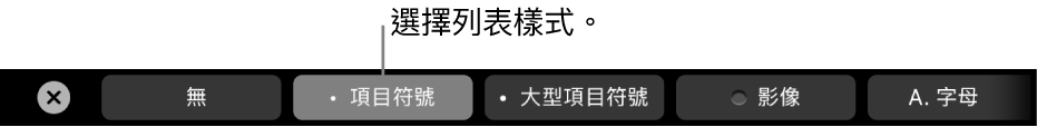 MacBook Pro 觸控列顯示用來選擇列表樣式的控制項目。