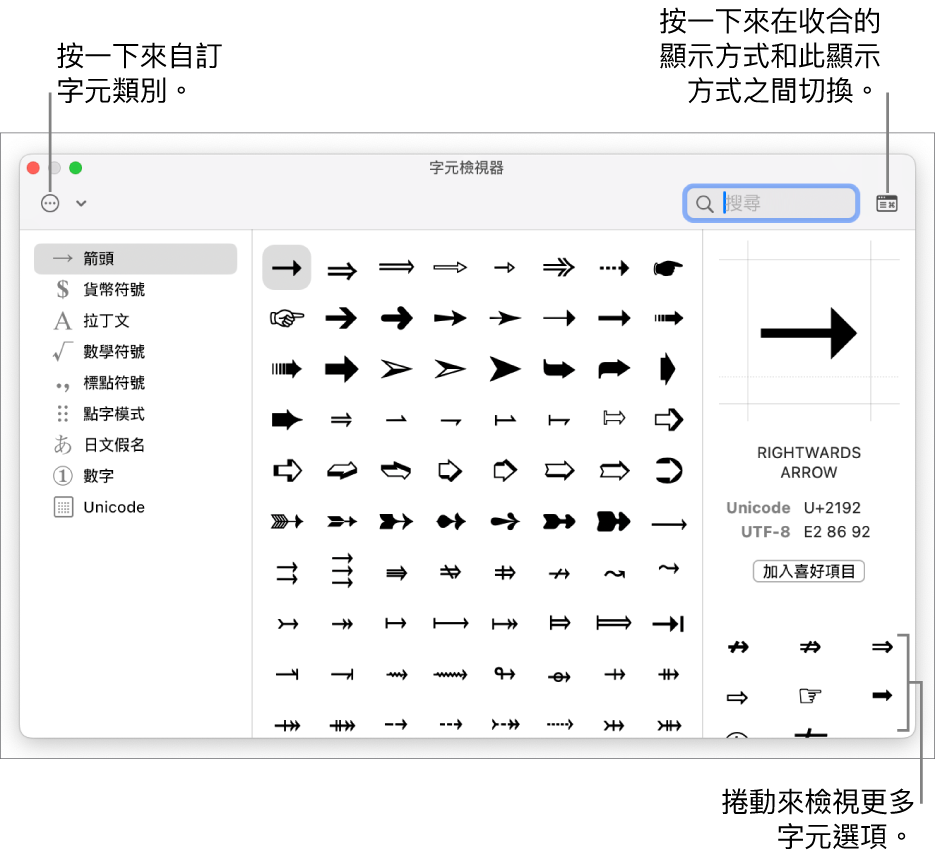 展開後的「字元檢視器」會顯示特殊字元和符號，左側有不同符號類別的選單，右上角有一個按鈕可以返回到收合的顯示方式。