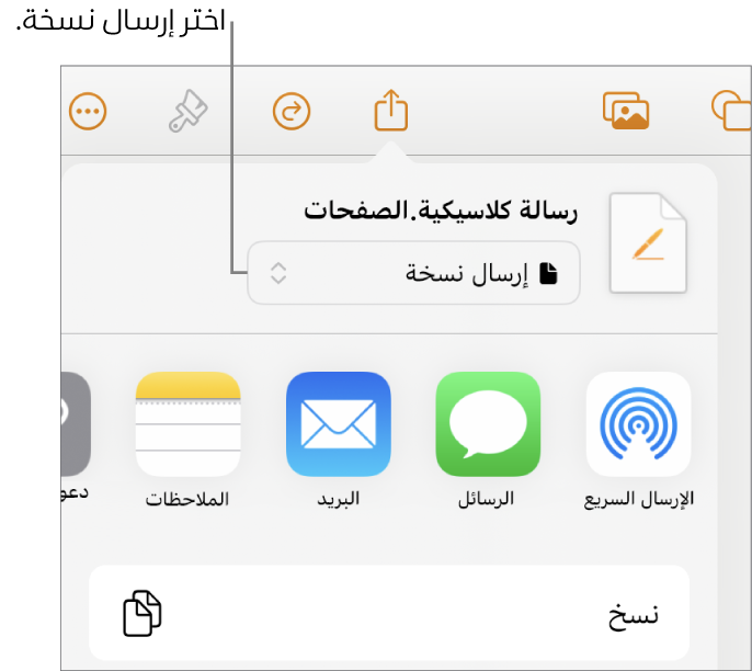 القائمة مشاركة حيث يظهر بها الخيار إرسال نسخة محددًا في الجزء العلوي.