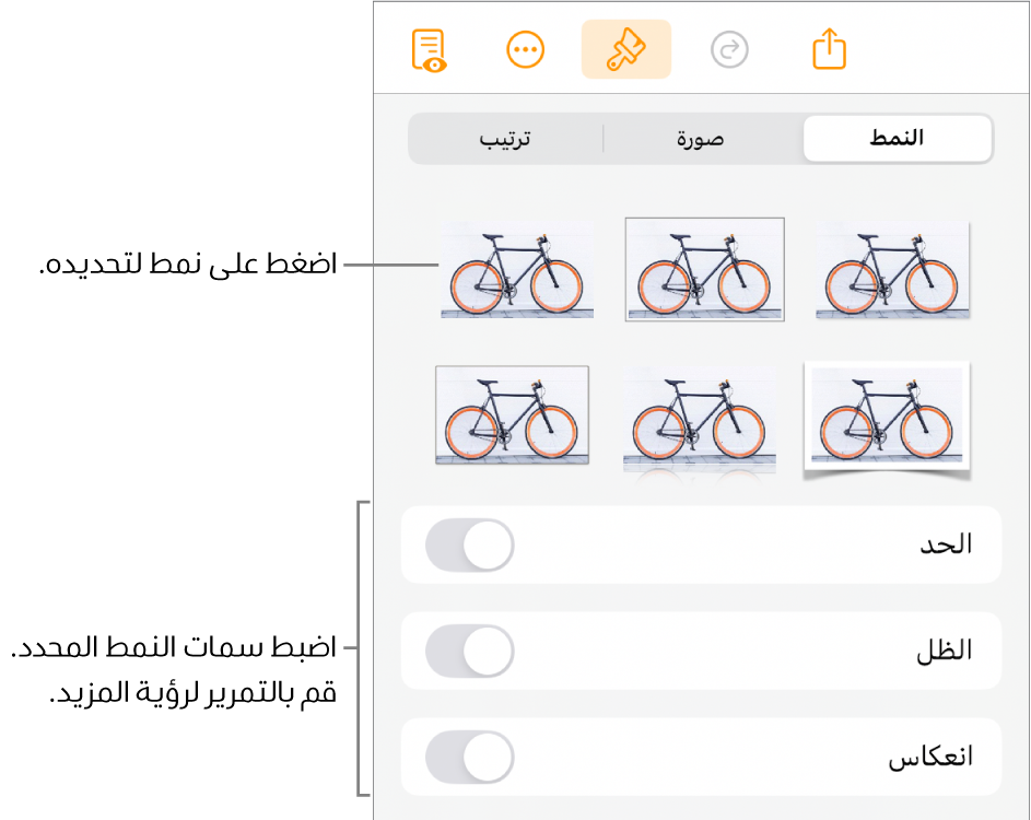 علامة تبويب النمط من قائمة التنسيق مع أنماط الكائنات في الجزء العلوي وعناصر التحكم أدناها لتغيير الحدود والظل والانعكاس والتعتيم.