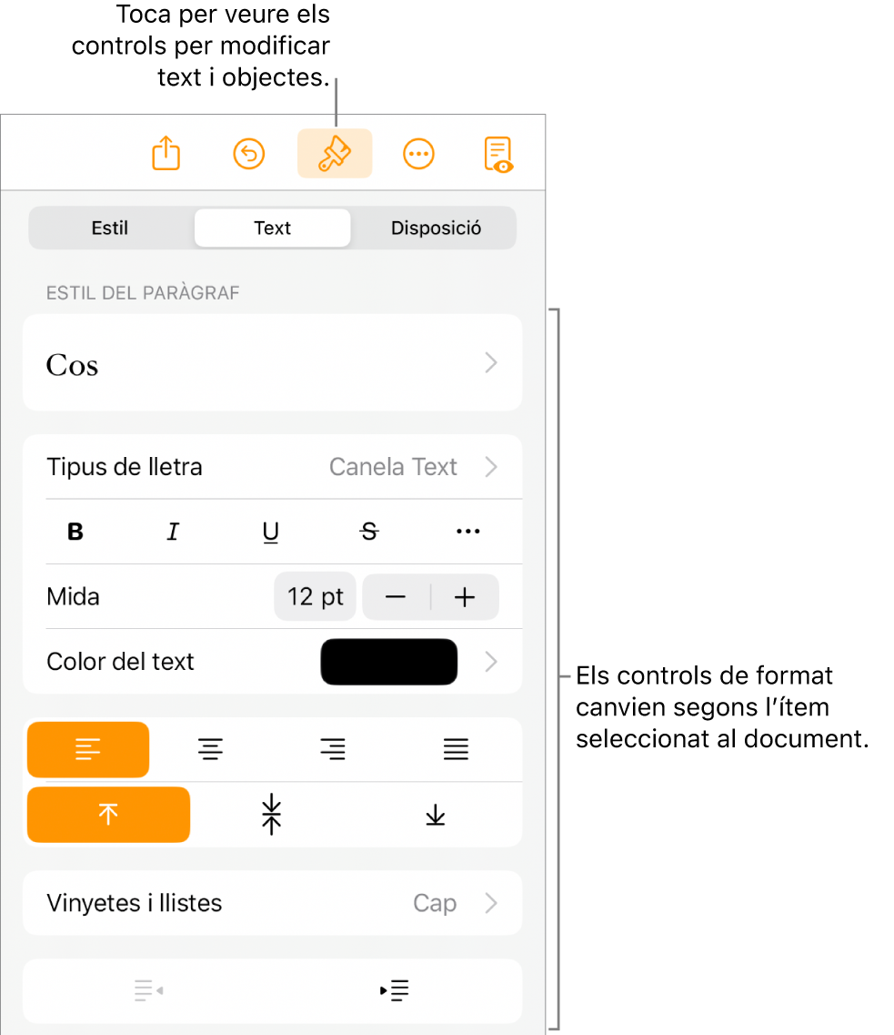 Els controls de Format oberts i mostrant els controls per canviar l’estil de paràgraf, modificar els tipus de lletra i formatar l’espaiat entre lletres. Llegendes a la part superior que assenyalen el botó Format a la barra d’eines i a la seva dreta, el botó Inserir per afegir objectes a la pàgina.