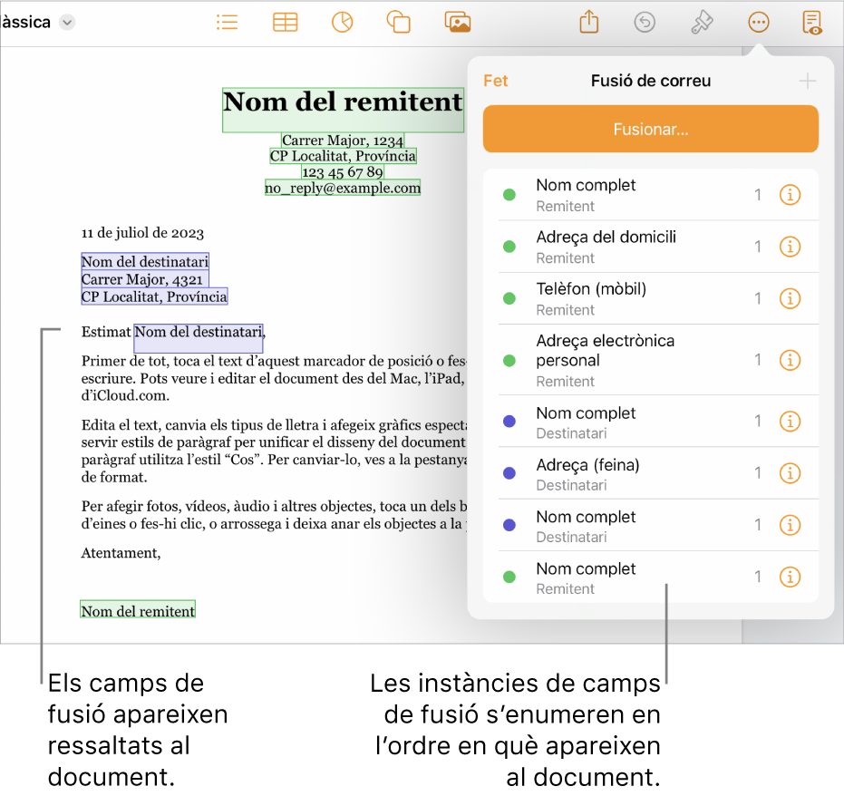 Un document del Pages en què es mostren els camps de fusió de destinatari i remitent, i la llista d’instàncies de camp de fusió visible a la barra lateral del document.