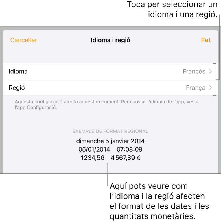 El tauler “Idioma i regió” en què es mostren els controls per a l’idioma i la regió i un exemple de format per a la data, l’hora, els decimals i la moneda.