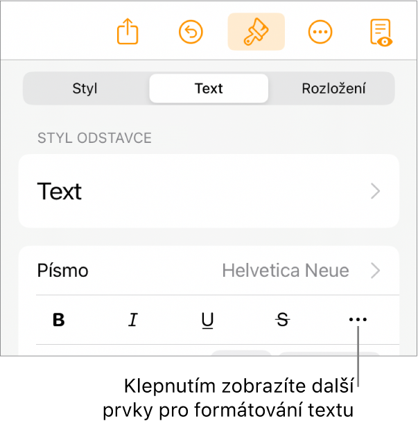 Panel Text v ovládacích prvcích formátování; popiskem je označeno tlačítko Další textové volby