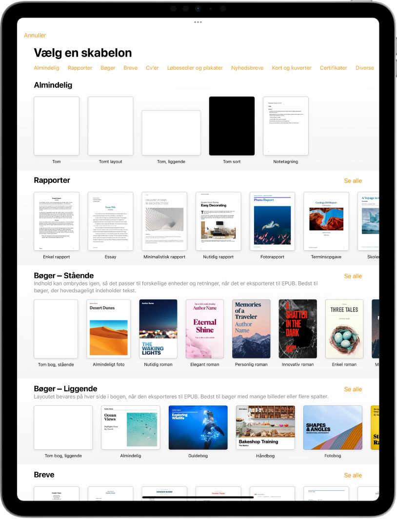 Skabelonvælgeren, der viser en række kategorier langs toppen, som du kan trykke på for at filtrere mulighederne. Derunder vises miniaturer af færdige skabeloner opstillet i rækker efter kategori med Seneste øverst efterfulgt af Almindelig og Rapporter. Knappen Se alle vises ovenover og til højre for hver kategorirække.