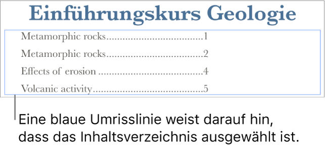 Ein in ein Dokument eingefügtes Inhaltsverzeichnis. Die Einträge umfassen die Überschriften und die Seitenzahlen.