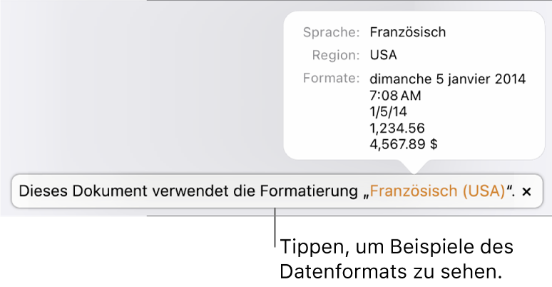 Die Mitteilung zur anderen Sprache und Region mit Beispielen der Formatierung in dieser Sprache und Region.