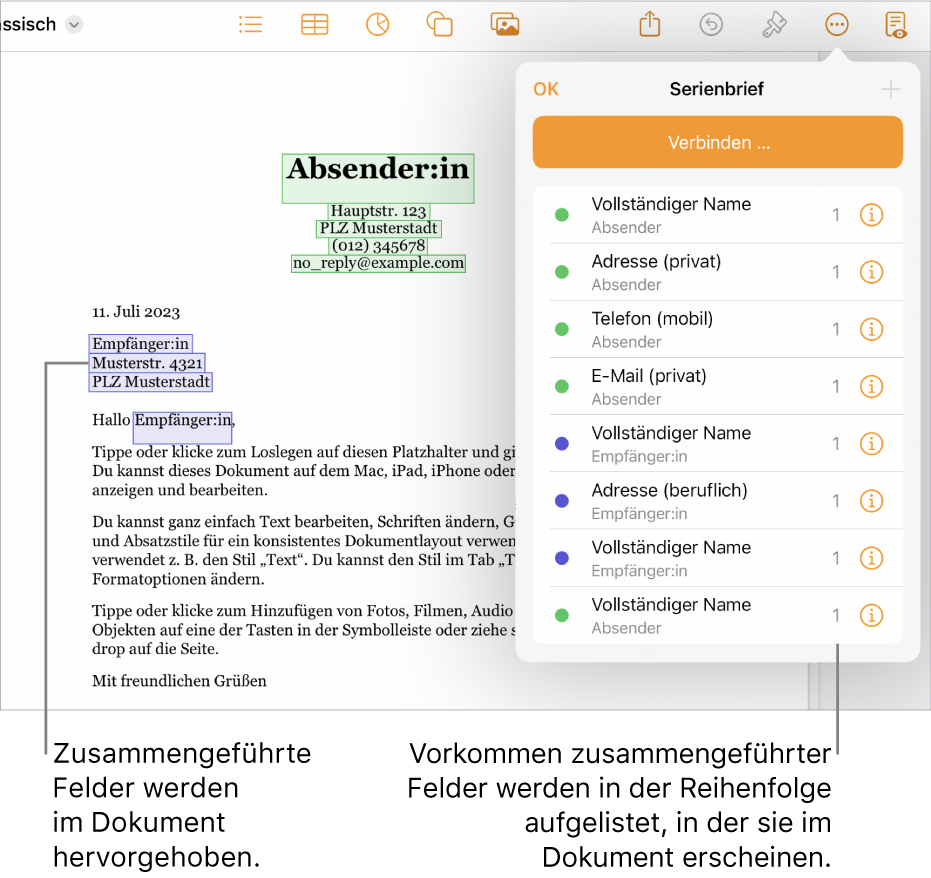 Pages-Dokument mit Serienbrieffeldern für Absender und Empfänger sowie der Liste der Serienbrieffeld-Instanzen in der Seitenleiste „Dokument“.
