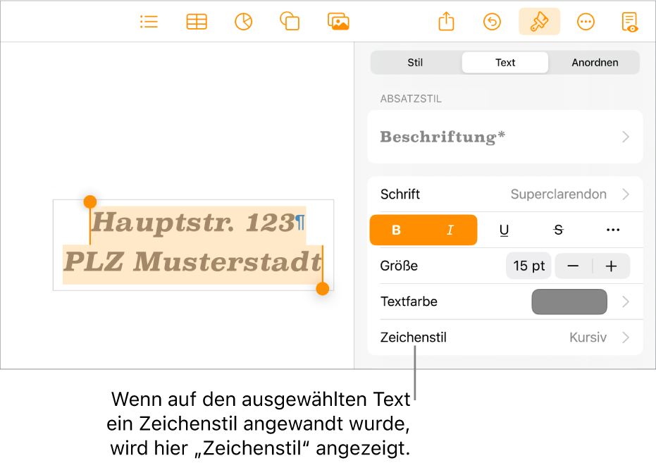 Die Steuerelemente für die Textformatierung mit „Zeichenstil“ unter den Textfarbsteuerungen.