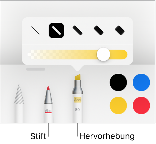 Das Werkzeug für intelligente Anmerkungen mit den Tasten für das Stift- und Markerwerkzeug, den Optionen für die Linienstärke und dem Schieberegler „Deckkraft“.