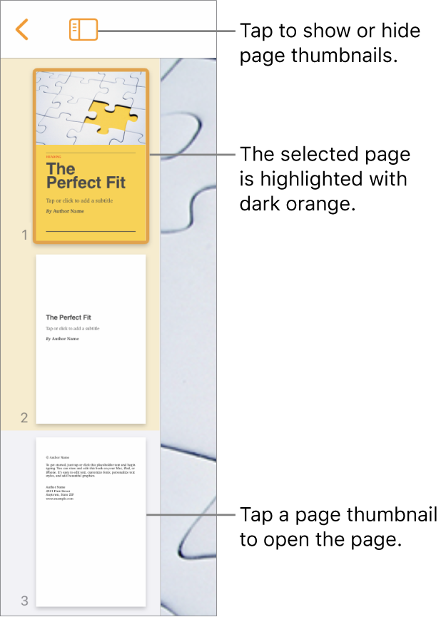 Page Thumbnails view on the left side of the screen with a two-page section, a separator line, then one page of the next section. The View button is above the thumbnails.