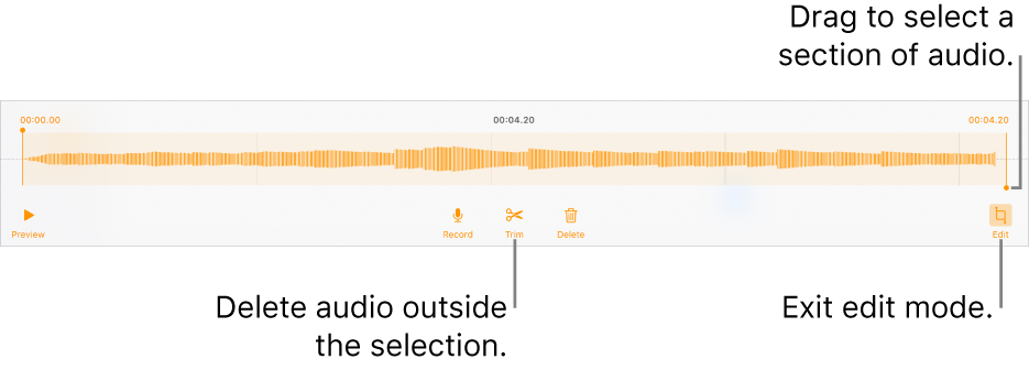 Controls for editing recorded audio. Handles indicate the selected section of the recording, and Preview, Record, Trim, Delete and Edit Mode buttons are below.