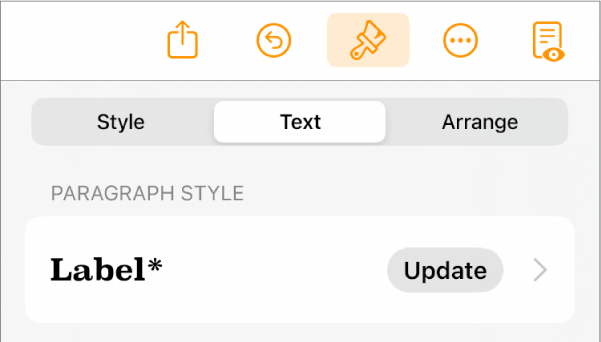 The Body paragraph style with an asterisk next to it and an Update button on the right.