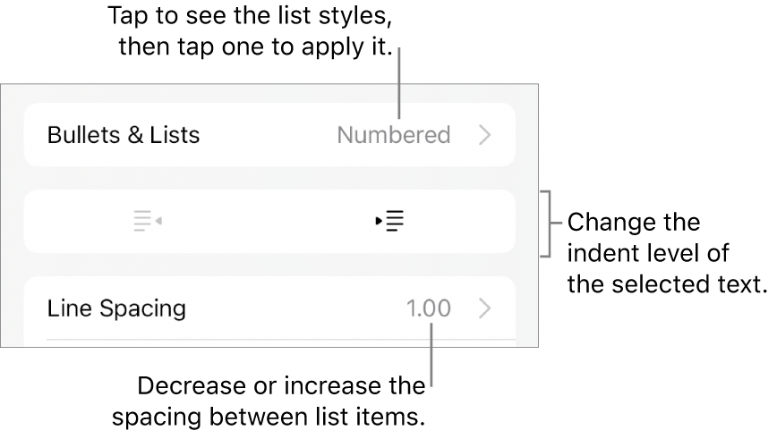 The Bullets & Lists section of the Format controls with callouts to Bullets & Lists, outdent and indent buttons, and line spacing controls.