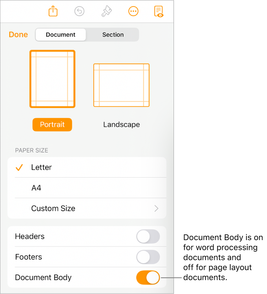 The Document format controls with Document Body turned on near the bottom of the screen.