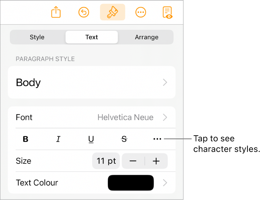 The Format controls with paragraph styles at the top, then Font controls. Below Font are the Bold, Italic, Underline, Strikethrough and More Text Options buttons.