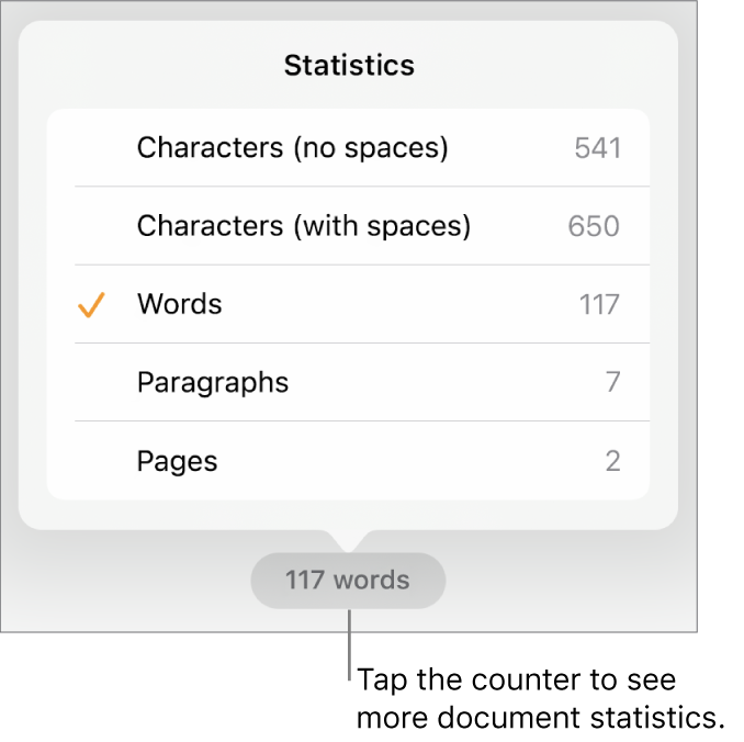 The word counter with a menu showing options to show the number of characters without and with spaces, word count, paragraph count and page count.