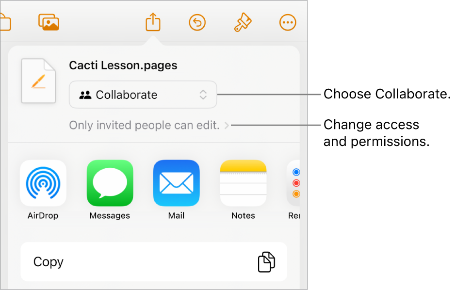 The Share menu with Collaborate selected at the top, and access and permission settings underneath.