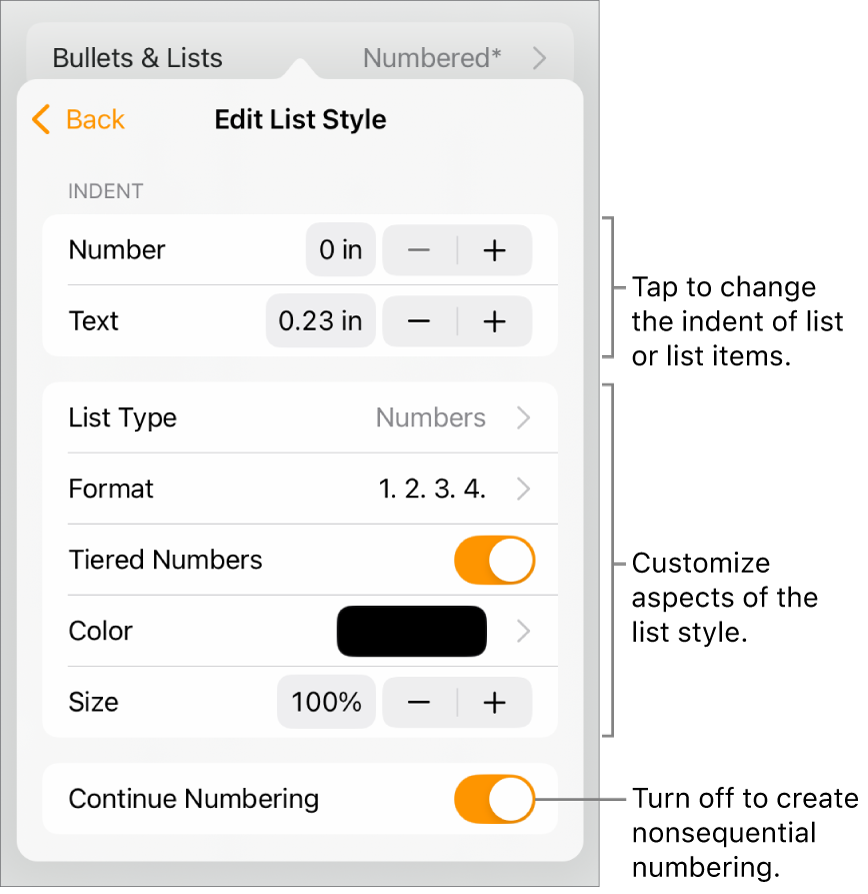 Edit List Style menu with controls for indent spacing, list type and format, tiered numbers, list color and size, and continued numbering.