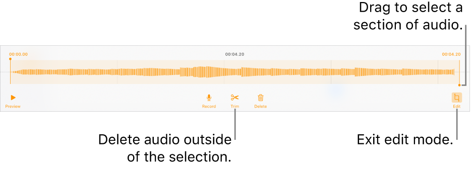 Controls for editing recorded audio. Handles indicate the selected section of the recording, and Preview, Record, Trim, Delete, and Edit Mode buttons are below.