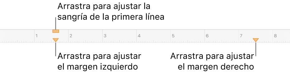 Regla con mensajes en el marcador de margen izquierdo, marcador de sangría de primera línea y marcador de margen derecho.