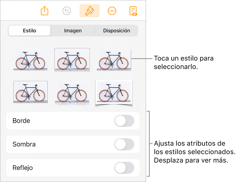 La pestaña Estilo del menú Formato con estilos de objetos en la parte superior y controles debajo para cambiar el borde, las sombras, los reflejos y la opacidad.