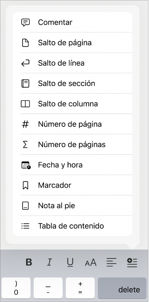 La barra de funciones rápidas con los controles de Insertar abiertos encima del botón Insertar.