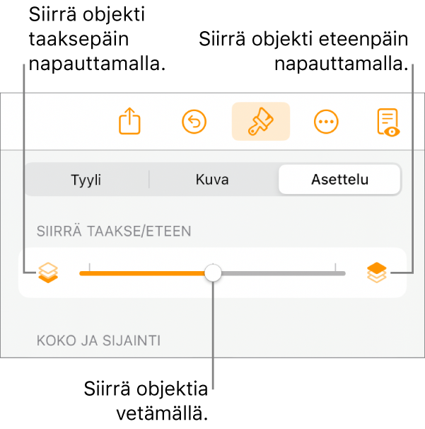 Siirrä taakse -painike, Siirrä eteen -painike ja kerrosliukusäädin.