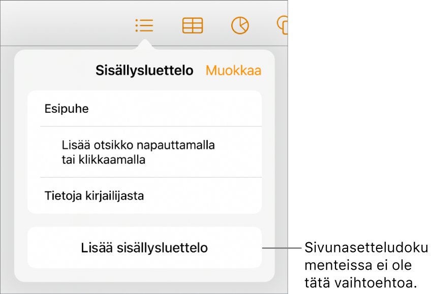 Sisällysluettelonäkymä, jossa on Muokkaa oikeassa yläkulmassa sekä sisällysluettelon kohteet ja Lisää sisällysluettelo -painike alhaalla.