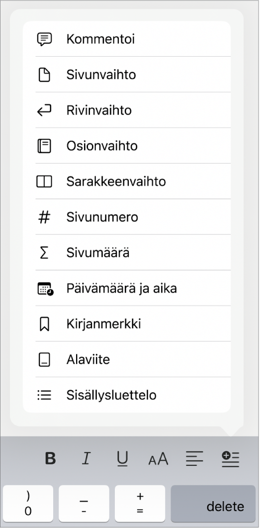 Oikotiepalkki, jossa on Lisää-säätimet avoinna Lisää-painikkeen yläpuolella.