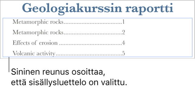 Sisällysluettelo lisättynä dokumenttiin. Kohteissa näkyy otsakkeet ja niiden sivunumerot.