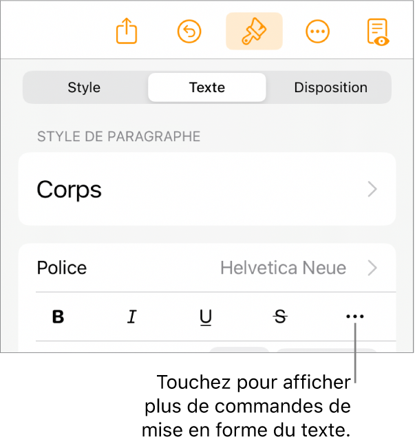 L’onglet Texte des commandes Format, avec une légende vers le bouton « Plus d’options de texte ».