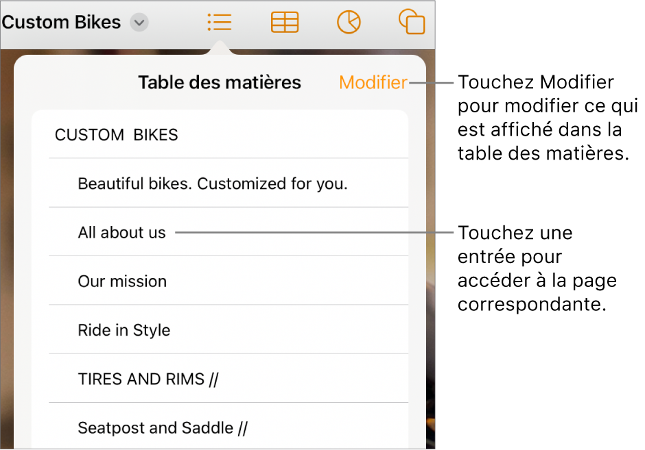 La présentation de la table des matières avec des entrées dans une liste. Le bouton Modifier se trouve dans le coin supérieur droit de la présentation.