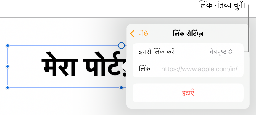 चुने गए वेबपृष्ठ के साथ लिंक सेटिंग्ज़ नियंत्रण और सबसे नीचे “लिंक हटाएँ” बटन।