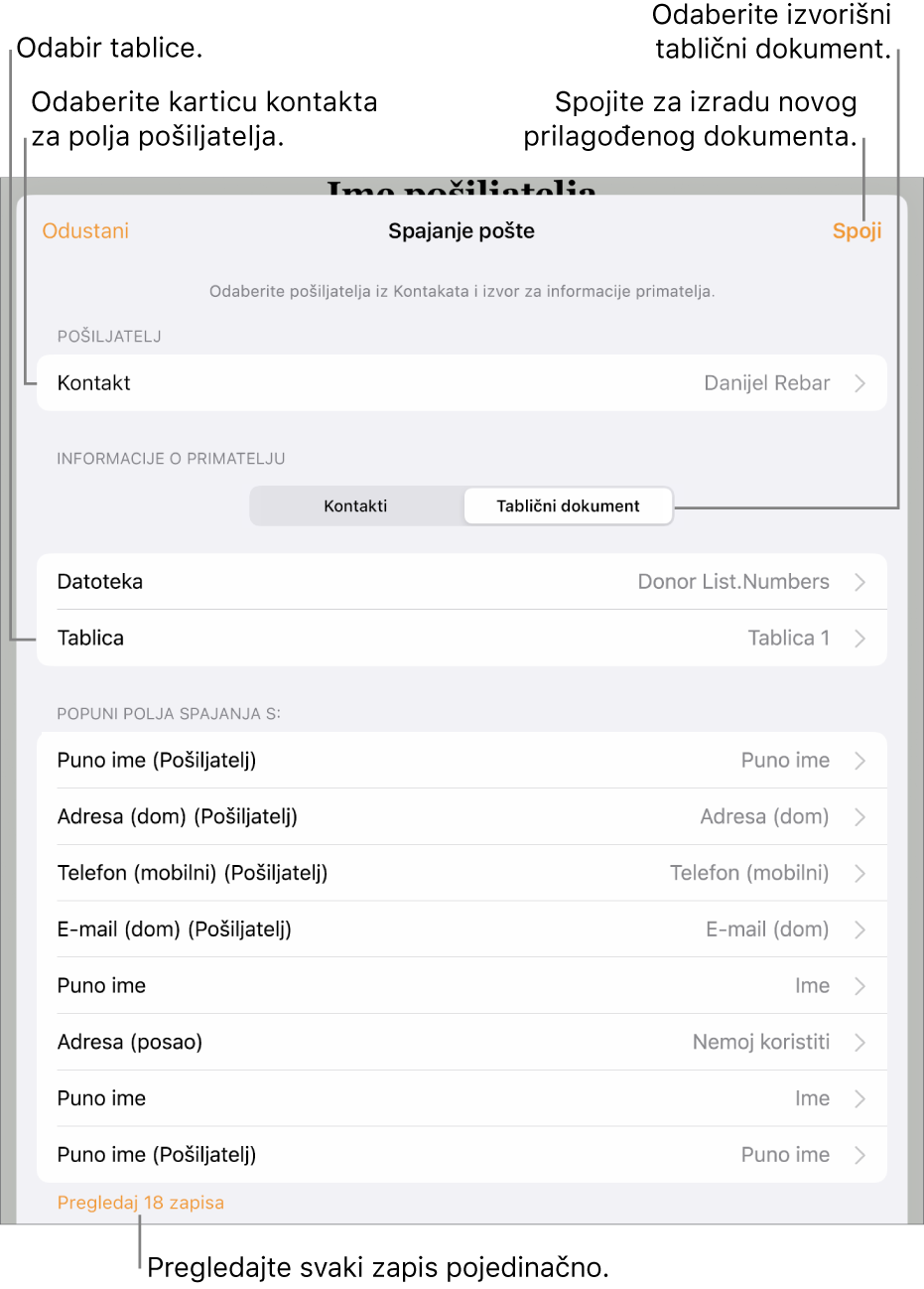 Otvoren je prozor spajanja pošte, s opcijama za odabir informacija o pošiljatelju, promjenu izvorišne datoteke ili tablice, pretpregled naziva polja spajanja ili spajanje dokumenta.