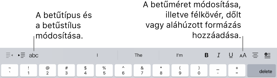 A billentyűzet feletti szövegformázó gombok balról jobbra a következők: behúzás, betűtípus, három prediktív szövegbeviteli mező, betűméret, igazítás és beszúrás.