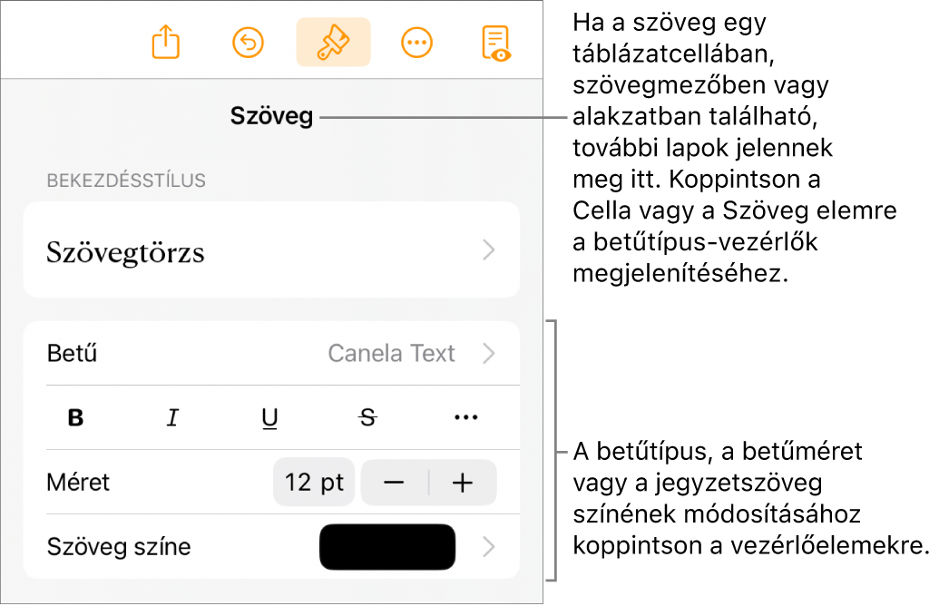A Formátum menü szövegvezérlői a bekezdés és a karakterek stílusának, betűtípusának, méretének és színének beállításához.
