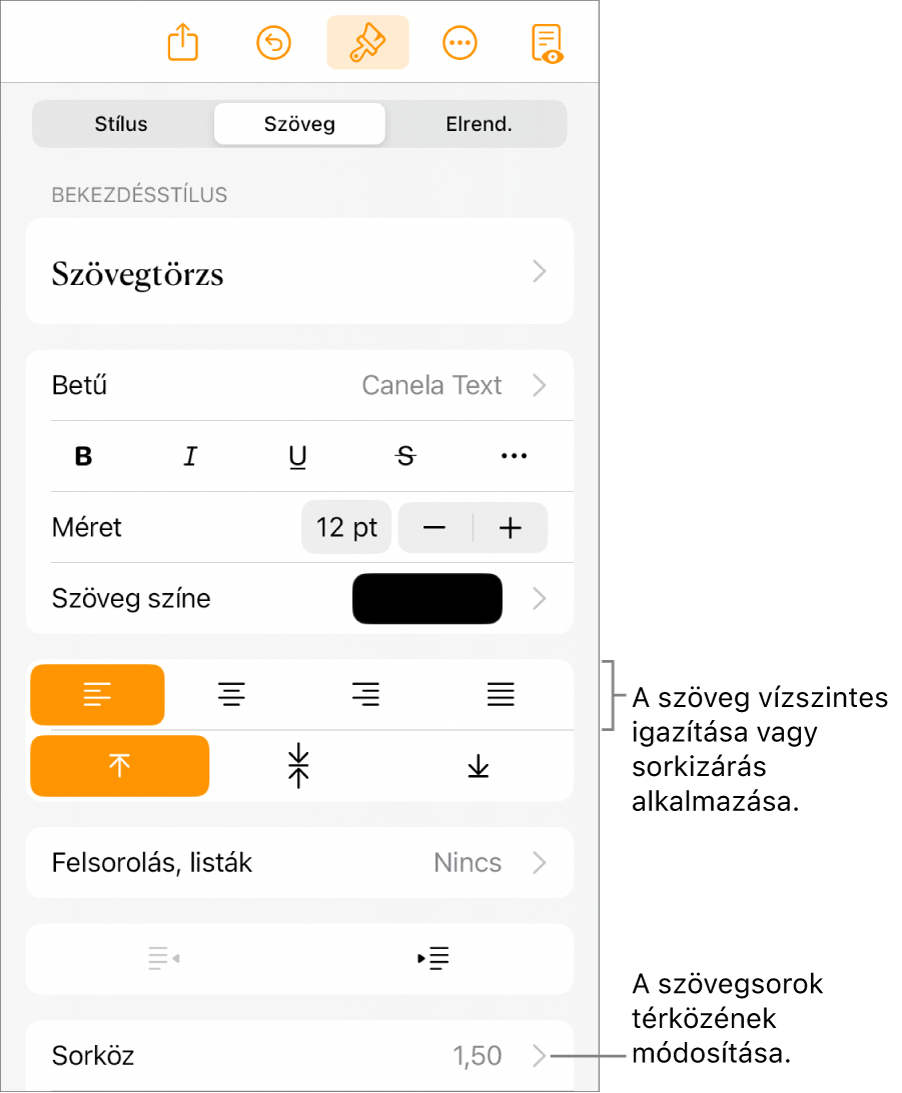 A Formázásvezérlők gomb a kijelölt Szöveg lappal és a szövegigazítási gombokra és a Sortávolság menüelemekre vonatkozó ábrafeliratokkal.