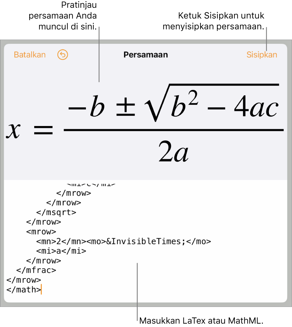 Dialog Persamaan, menampilkan sebuah persamaan ditulis menggunakan perintah MathML, dan pratinjau formula di atas.