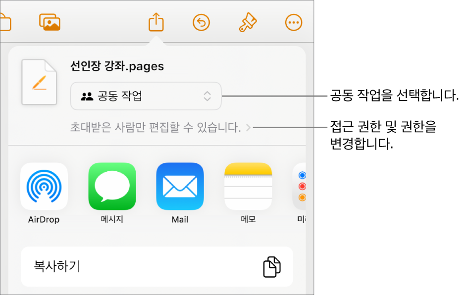 상단에 공동 작업이 선택되어 있는 공유 메뉴가 있고, 그 아래에는 접근 및 권한 설정이 있음.