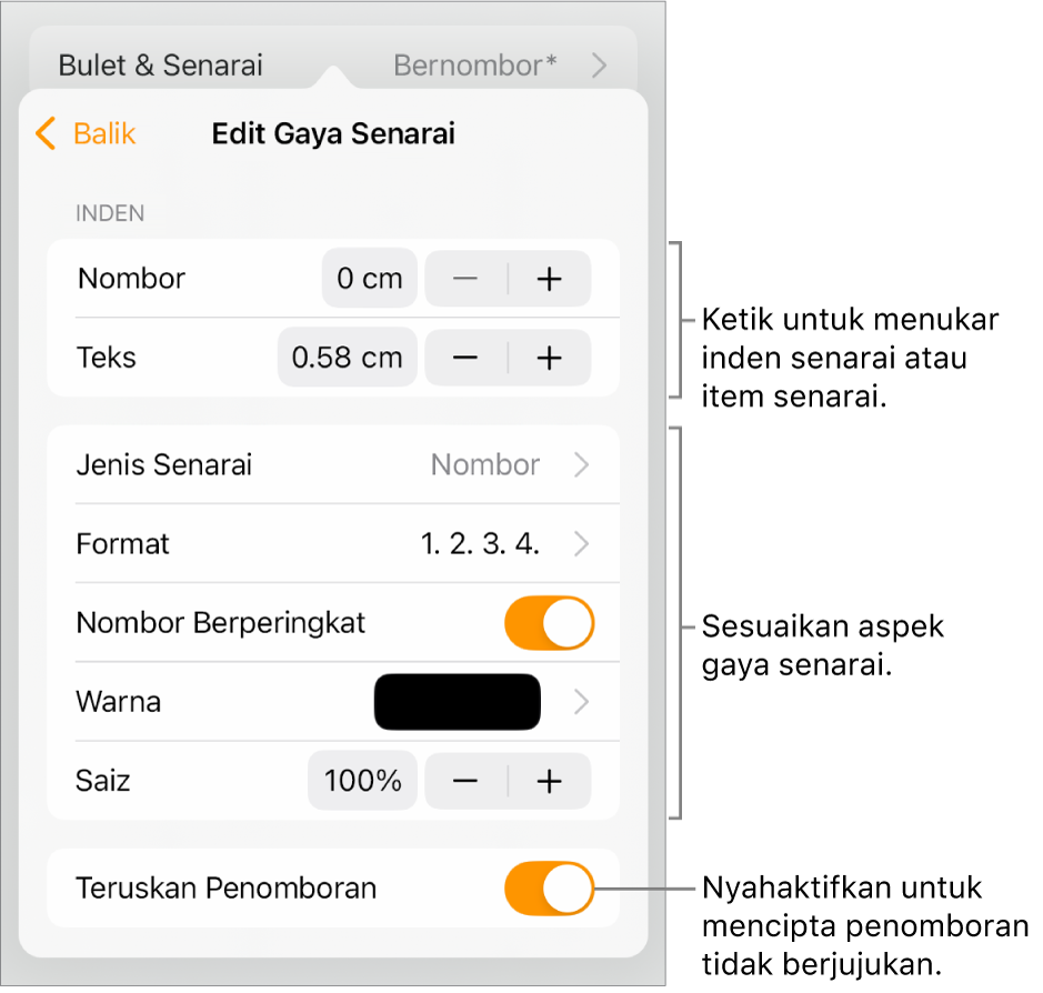 Menu Edit Gaya Senarai dengan kawalan untuk jarak inden, jenis dan format senarai, nombor berperingkat, warna dan saiz senarai serta nombor berterusan.