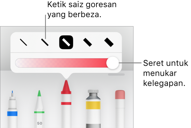 Kawalan untuk memilih saiz goresan dan gelangsar untuk melaraskan kelegapan.